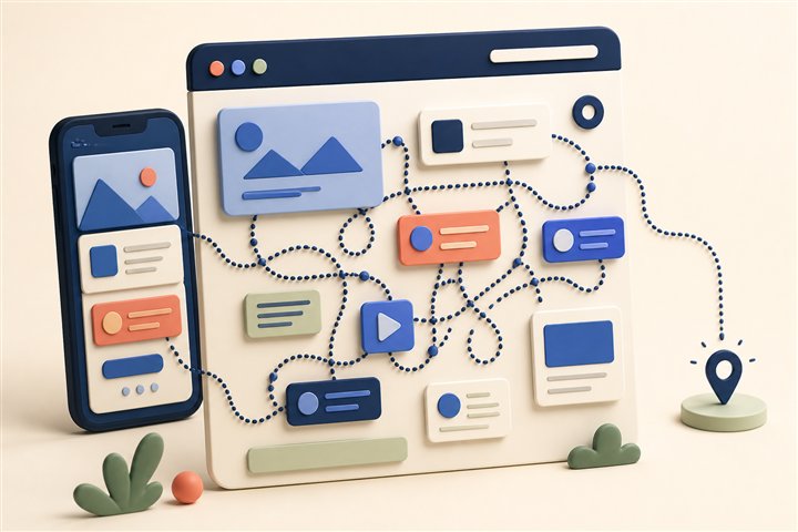 Stilisierte Illustration einer unübersichtlichen Website mit verschlungenen Wegen