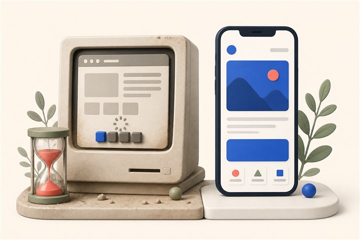 Stilisierter Vergleich einer veralteten Website mit einem modernen mobilen Auftritt